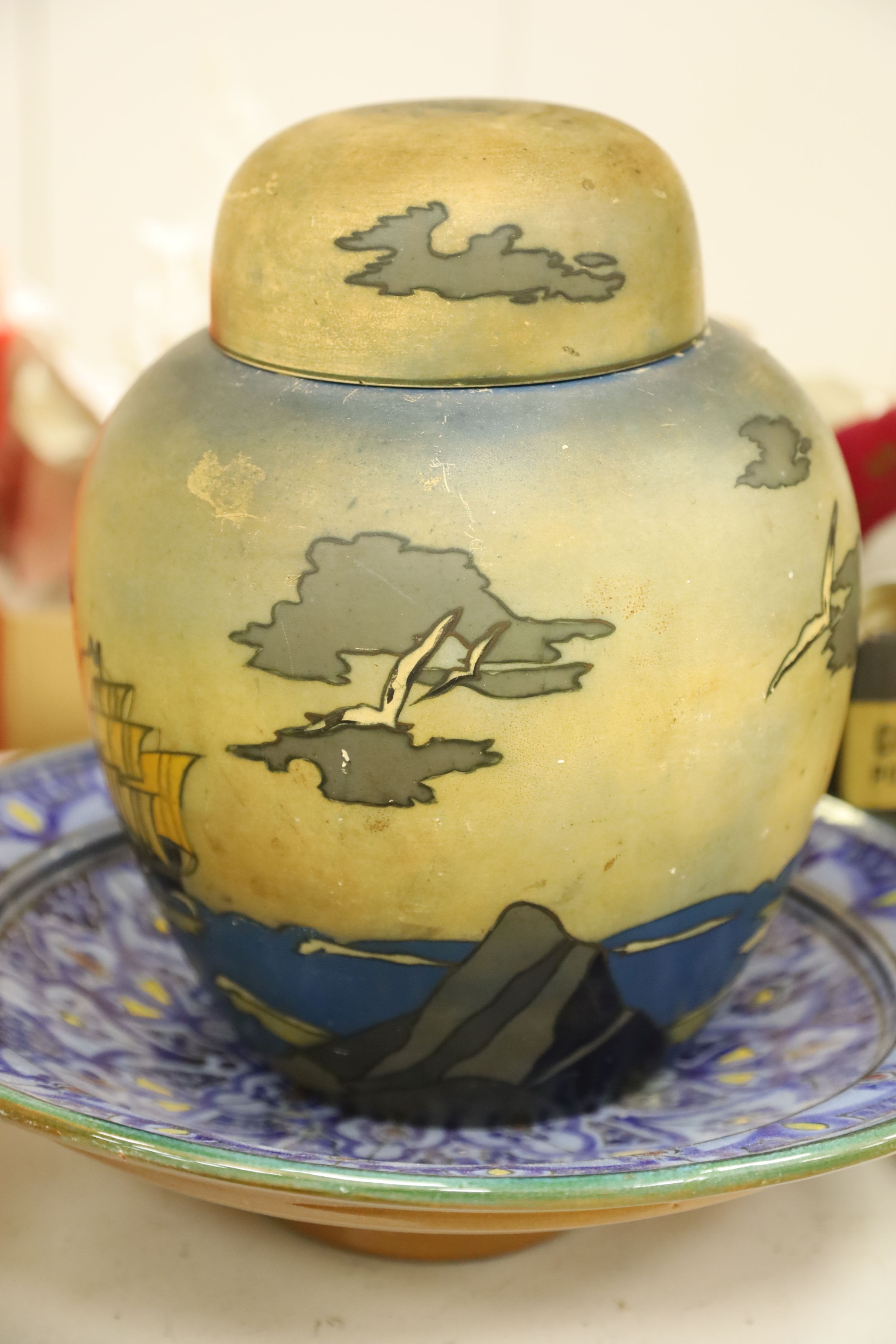 A Sitzendorf figure, Doulton character jugs, mixed ceramics and teaware